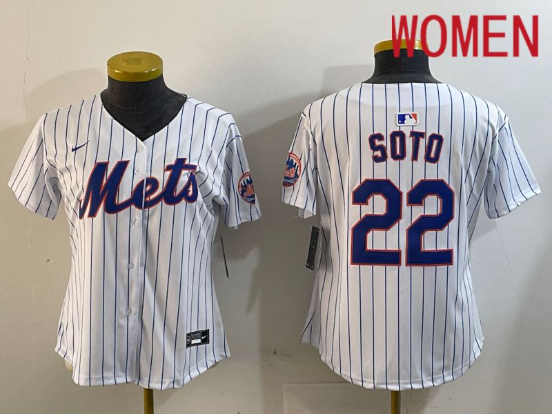 Women New York Mets #22 Soto White Stripe Game 2024 Nike MLB Jersey style 1->women mlb jersey->Women Jersey